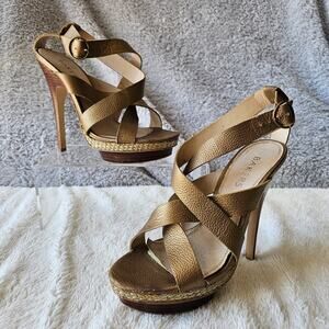 Bakers Micah Platform Stiletto High Heels Gold Pebbled Leather Stacked Heel 7M